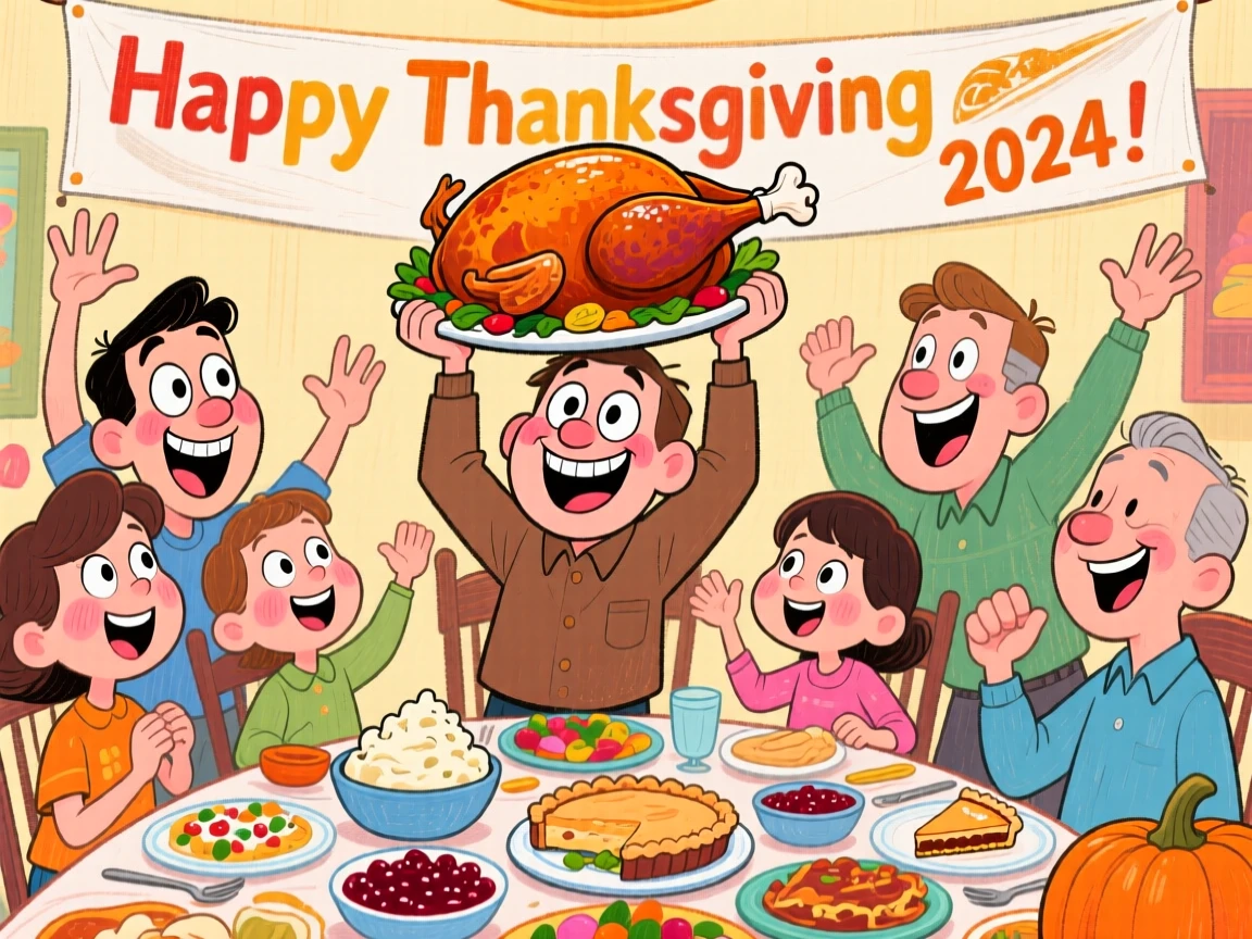 A family gathered around a Thanksgiving table, the turkey being carried in triumphantly.