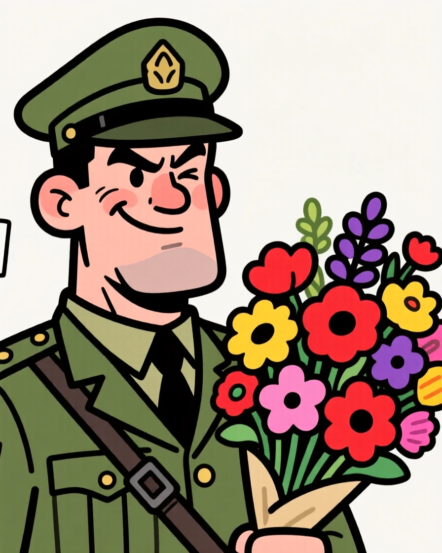 A charming portrait of a tough drill sergeant, winking playfully at the viewer, with a colorful bouquet of flowers nearby.