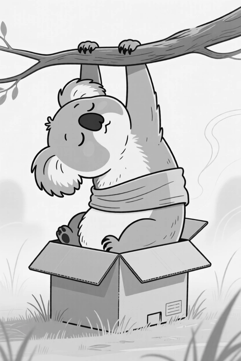 A sleepy koala clinging to a branch upside down, tilting its head at an impossible angle, set squeezed inside a cardboard box. Morning mist clings to the grass. It's an irresistibly charming slice of animal personality.