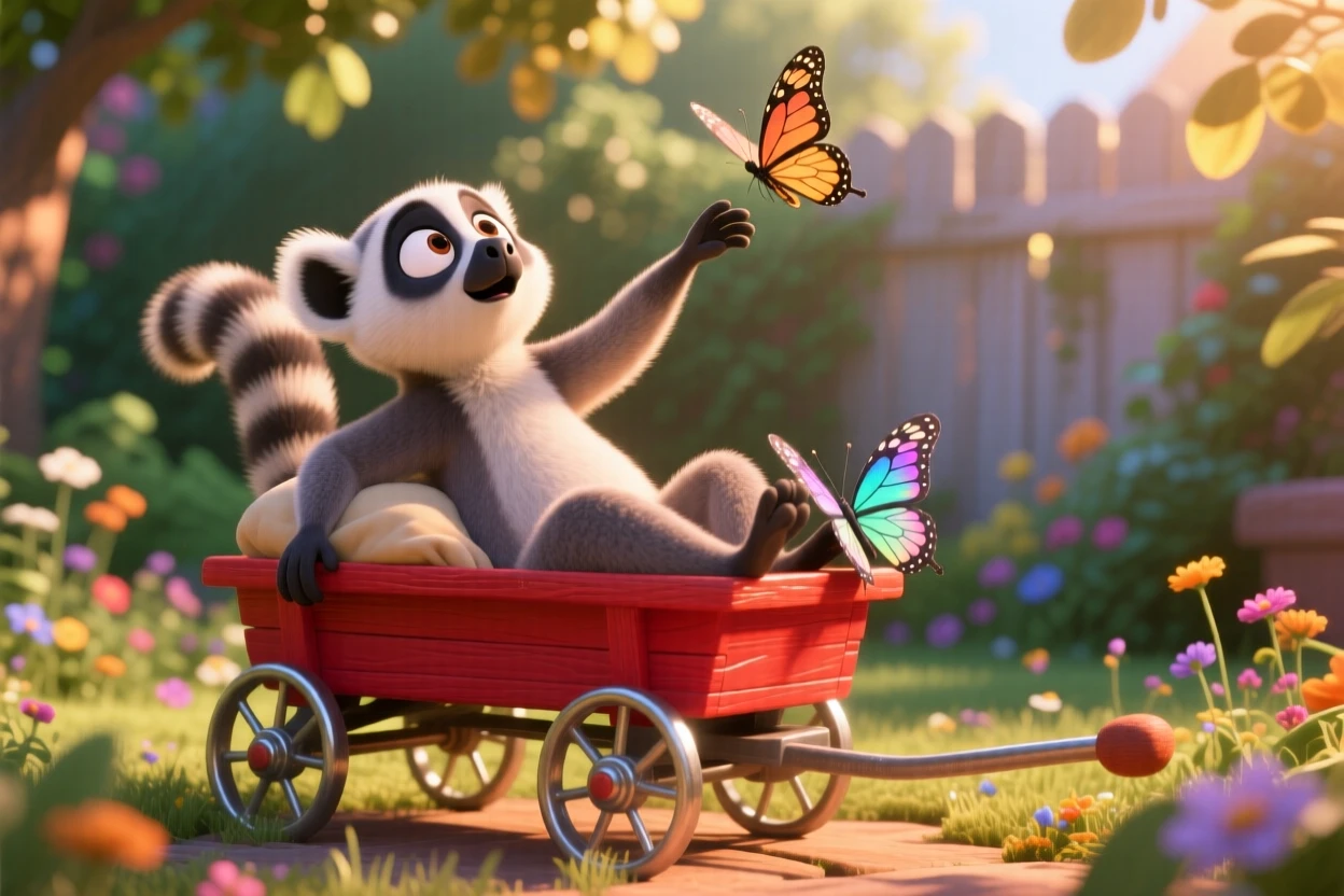 A wide-eyed lemur is riding in a small red wagon, stretching after a long nap. The scene feels warm and heartwarming, with a small butterfly resting nearby.