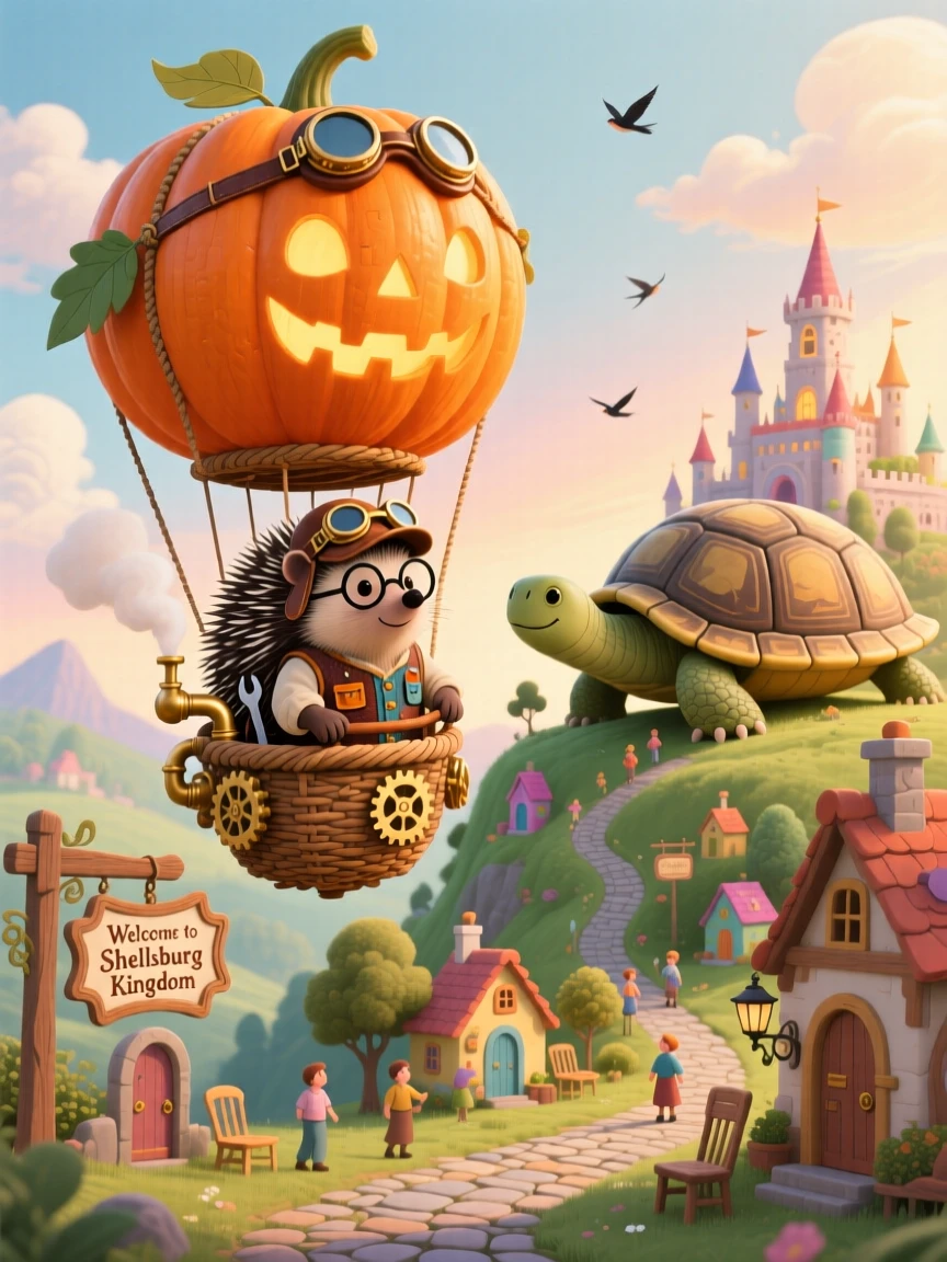 A hedgehog inventor is steering a hot air balloon shaped like a pumpkin in a kingdom built on the back of a giant tortoise, with everything slightly too big or too small in a charming way.