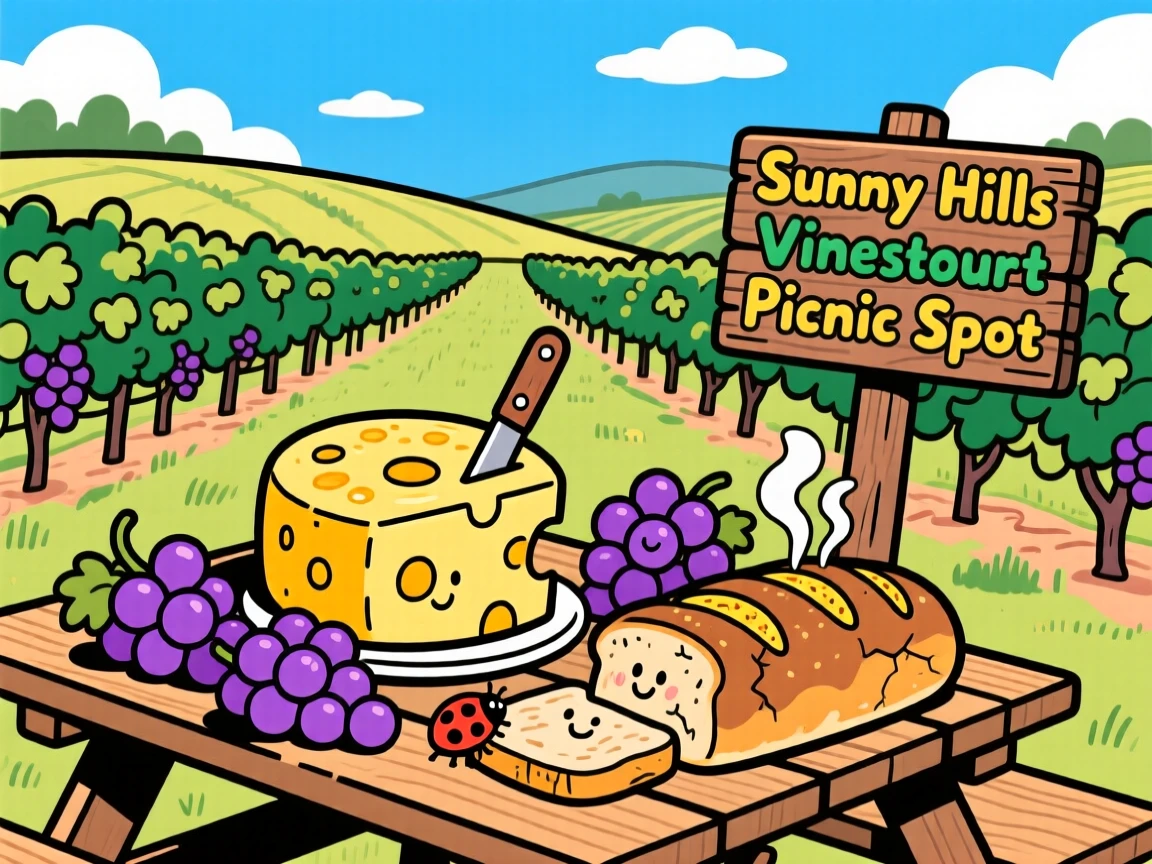 A vineyard picnic with cheese, grapes, and fresh bread.