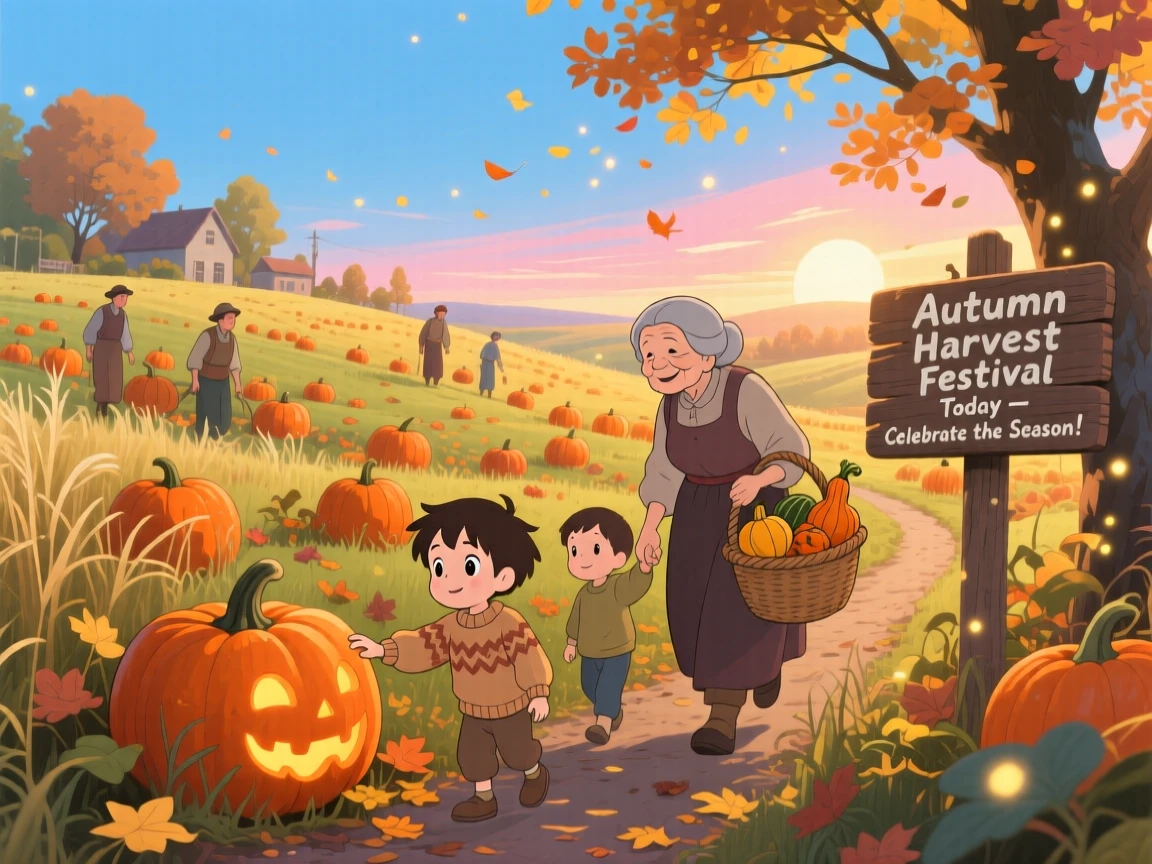 A autumn scene of a pumpkin patch glowing under a low afternoon sun, as townsfolk go about their day.