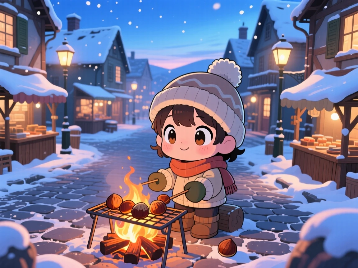 A small child roasting chestnuts over a winter fire, framed as a bird's-eye view within a snowy town square, under a clear summer sky, glowing under cool blue twilight glow, evoking eager anticipation.