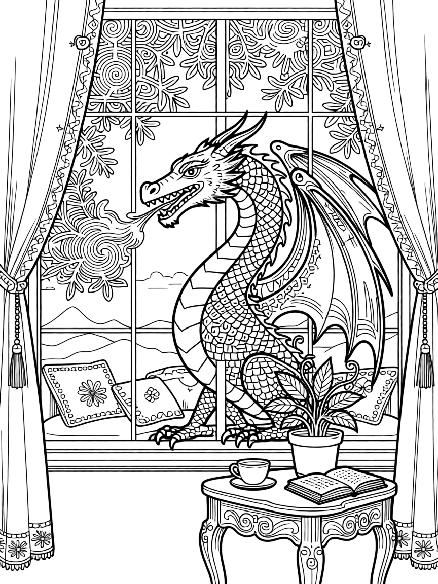 A dragon's breath forming intricate patterns of frost on a window.