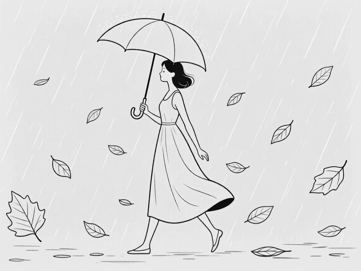 A woman holding an umbrella walking through falling leaves