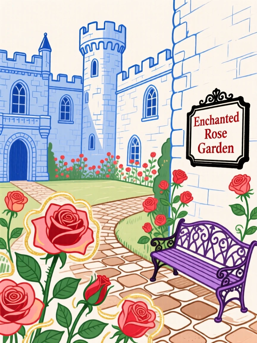 A castle courtyard filled with blooming enchanted roses.