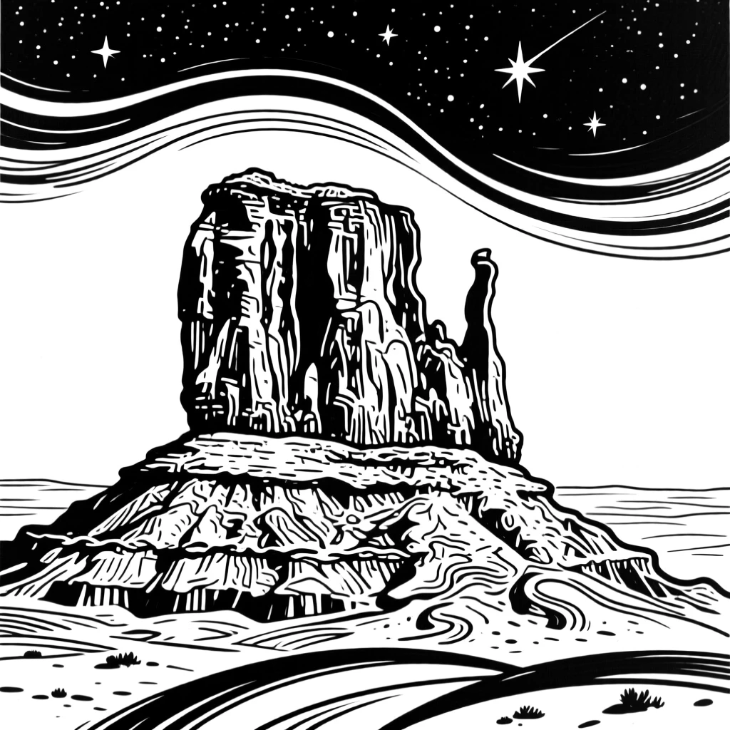 A dramatic desert rock formation glowing red under a starry sky.