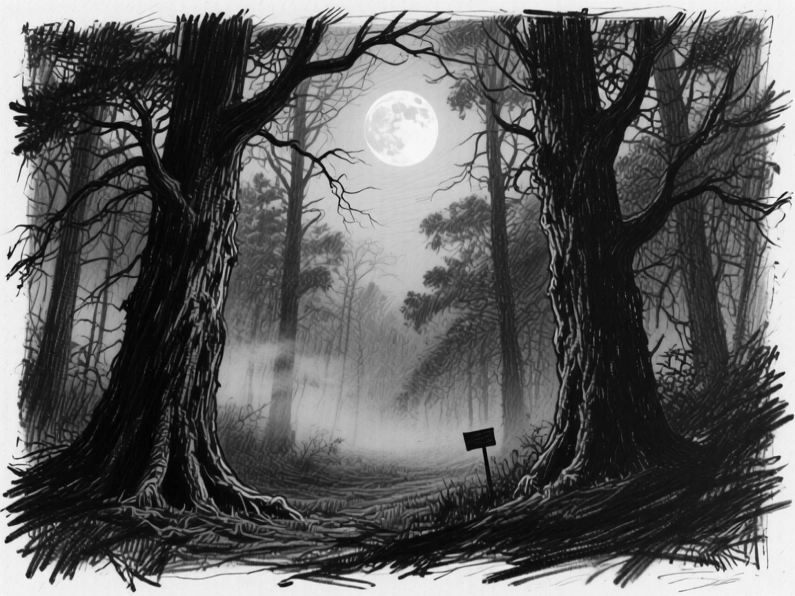A dense misty forest under the soft glow of the moon.