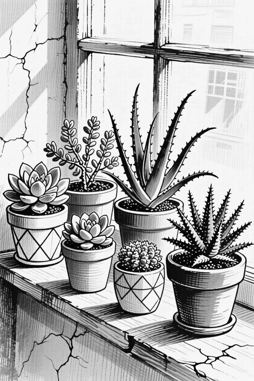 A potted succulent garden arranged on a sunny windowsill.