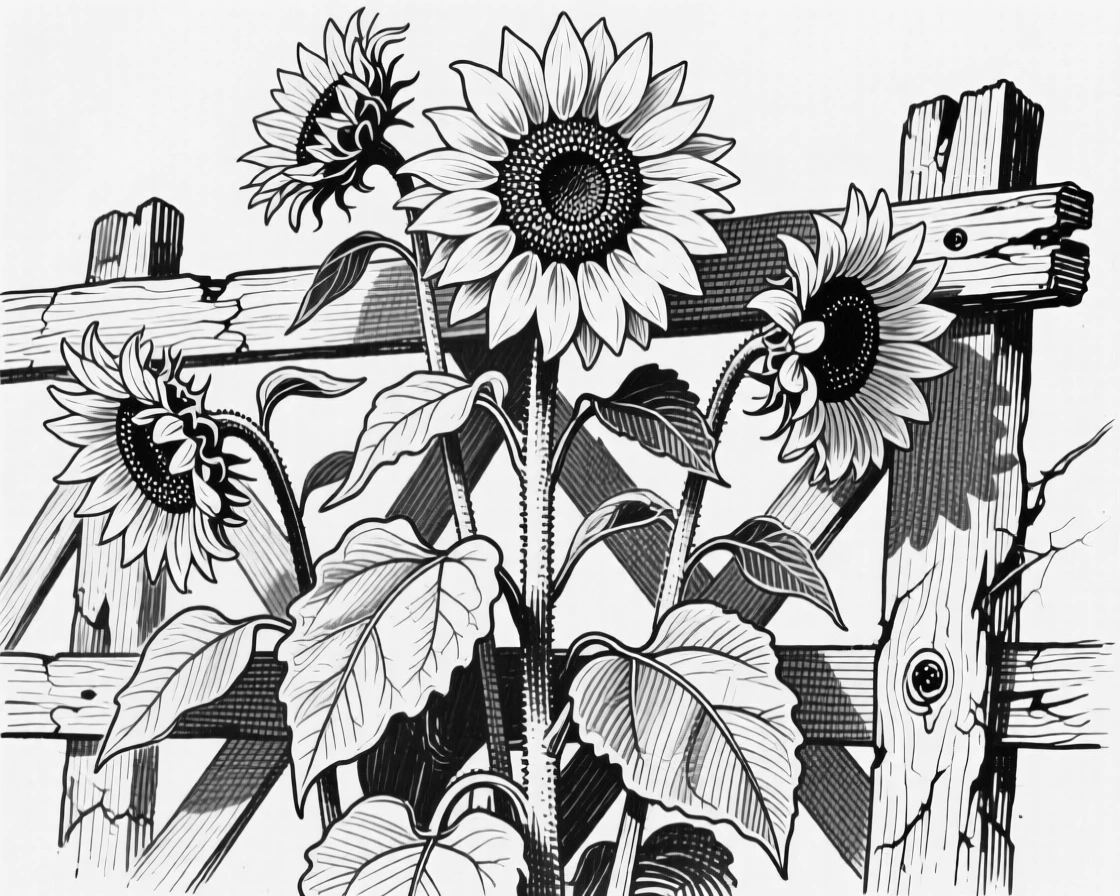 A cluster of sunflowers climbing up a weathered trellis, with soft shadows falling across the petals, composed in a softly nostalgic still-life arrangement.