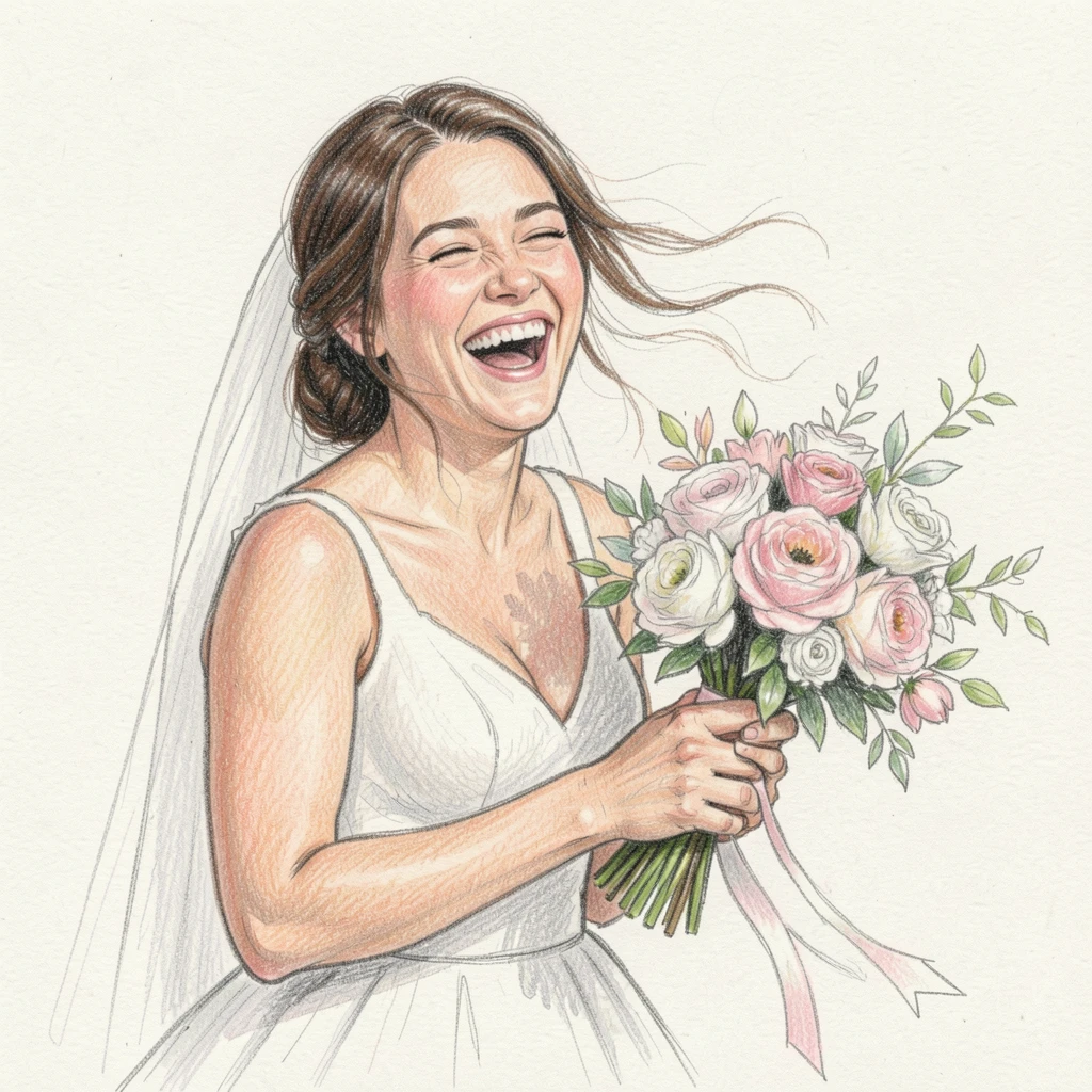 A bride laughing with her bouquet caught in the breeze, captured in a candid, unposed moment full of life, capturing a fleeting, deeply relatable moment.