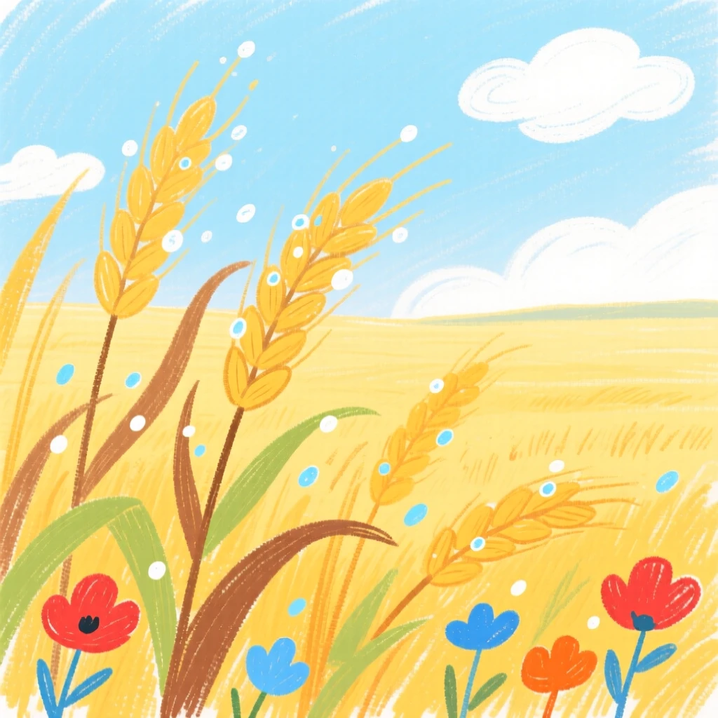 A view of a golden wheat field glistening with dew in the early morning quiet.