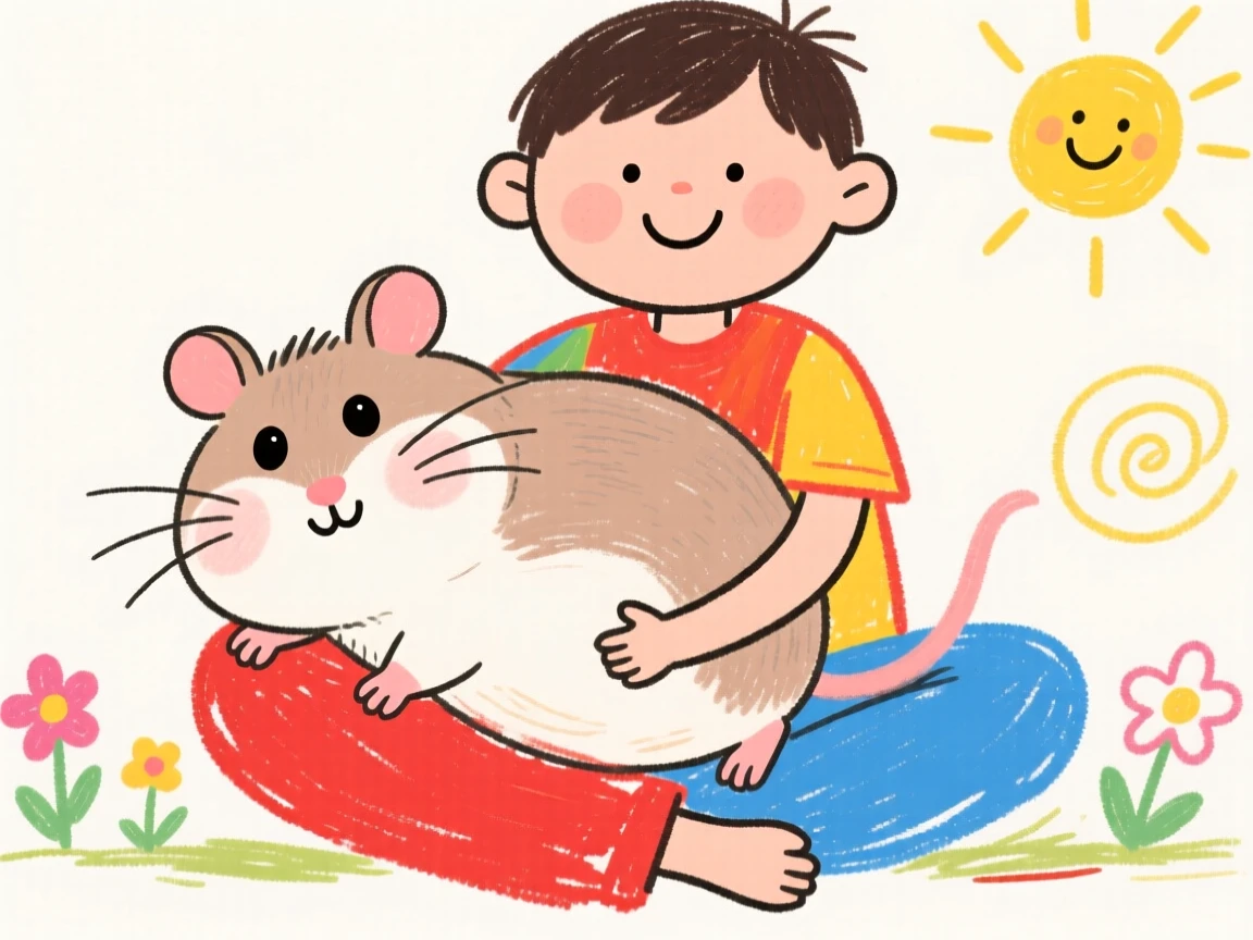 A chubby hamster resting its head on a child's lap.