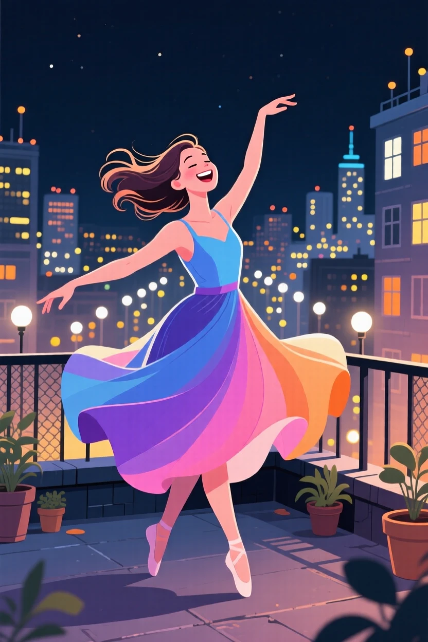 A dancer twirling gracefully in a flowing colorful dress, on a city rooftop overlooking twinkling lights, shown from a friendly eye-level perspective, with small joyful details like flying hair or bright laughter.