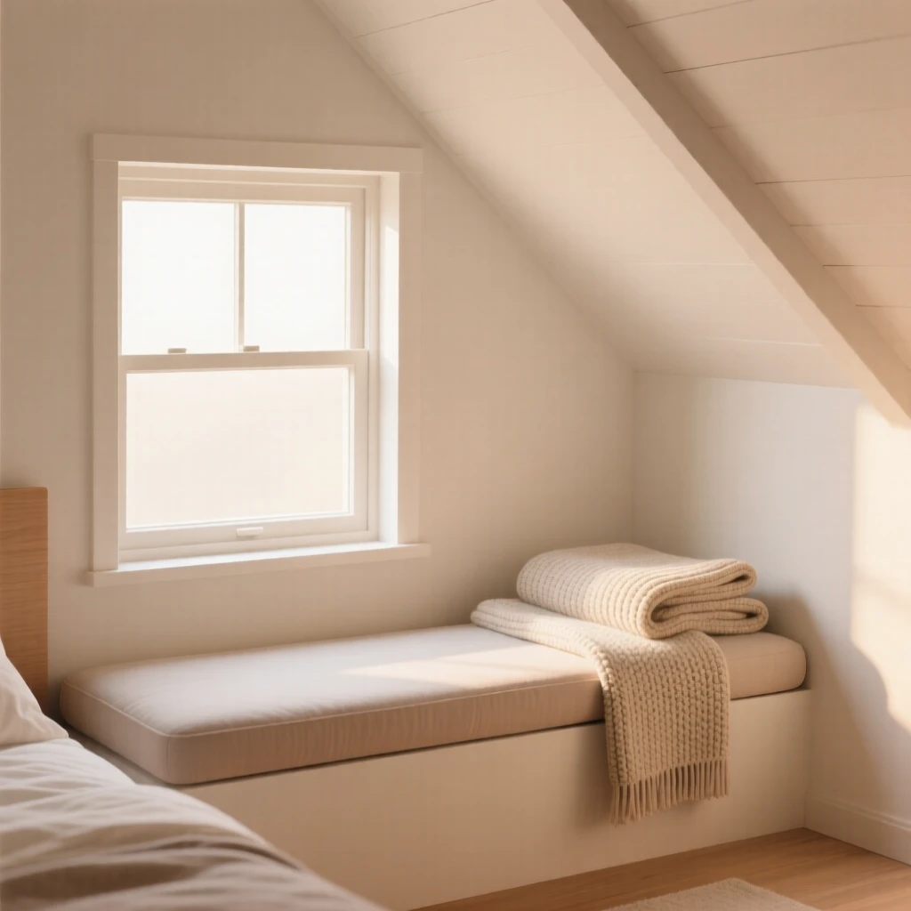 A morning scene of bedroom window seat resting in a cozy attic room beside a knitted throw, radiating homey warmth.