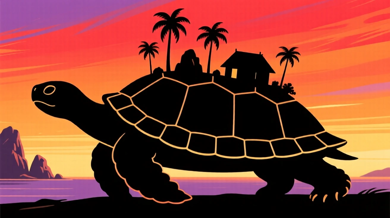 A giant turtle carrying an entire miniature island and forest on its shell.