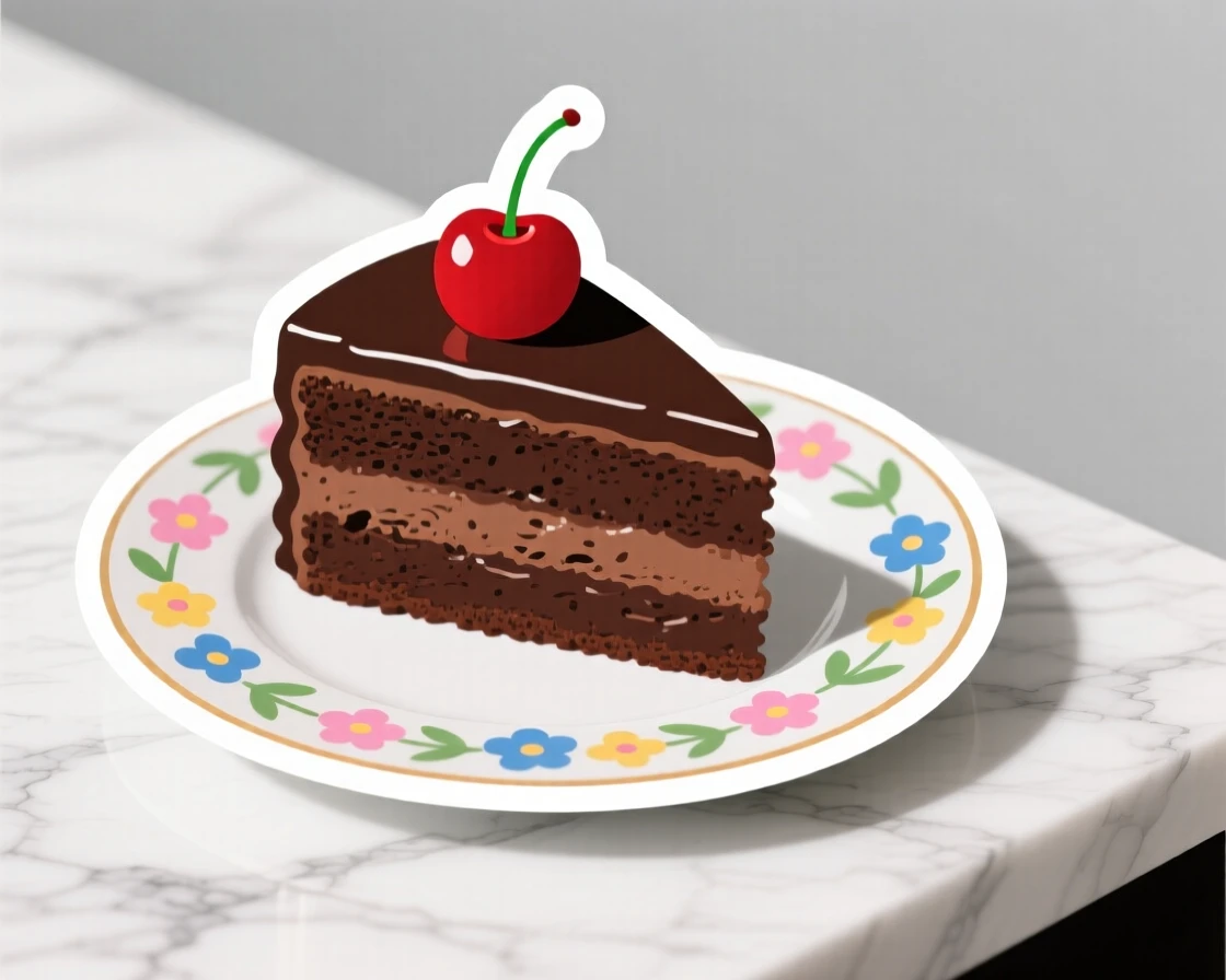 An irresistibly warm slice of chocolate cake with a cherry on top, placed on a floral patterned plate, on a marble countertop with soft shadows.