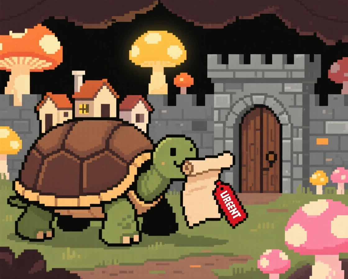 A giant turtle carrying a village on its shell delivering a scroll to a castle gate, beneath a canopy of glowing mushrooms.