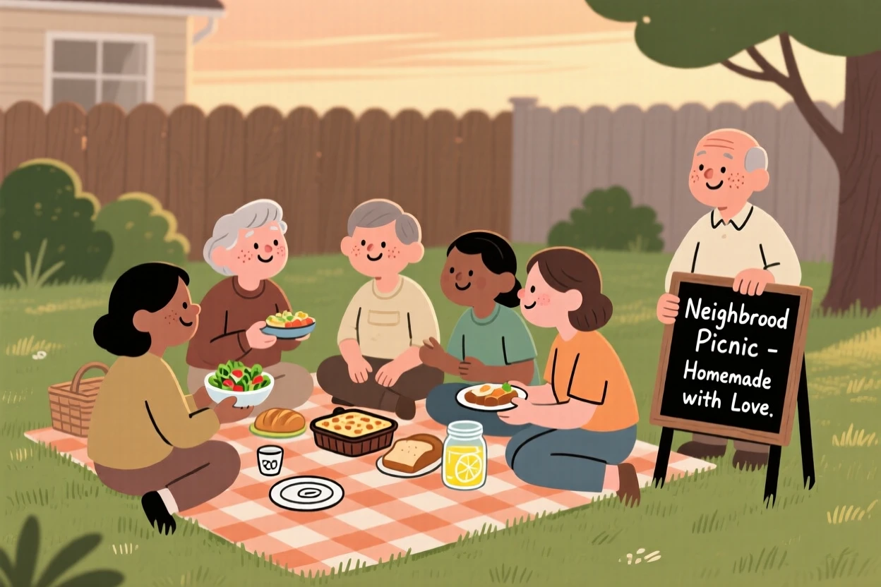 Neighbors gather for a neighborhood picnic in the backyard, sharing homemade dishes and conversation as the smell of fresh grass fills the warm evening air.