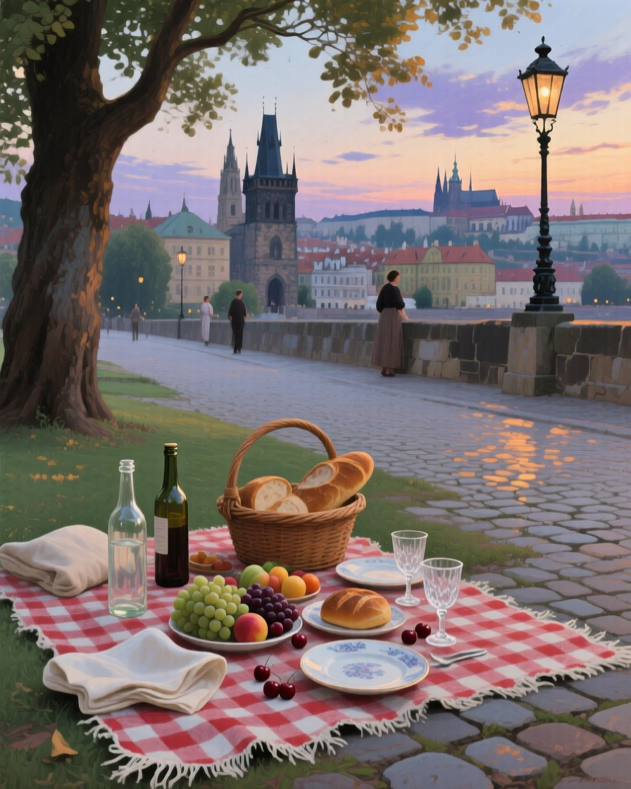 A sweeping wide shot of a summer picnic spread across a checkered blanket in dappled shade, in old Prague, at twilight.