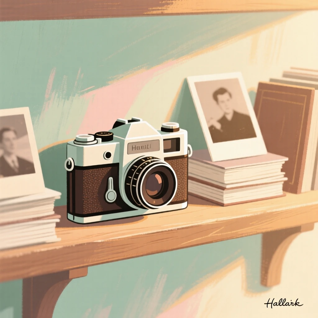A vintage camera resting on a shelf beside stacks of photographs