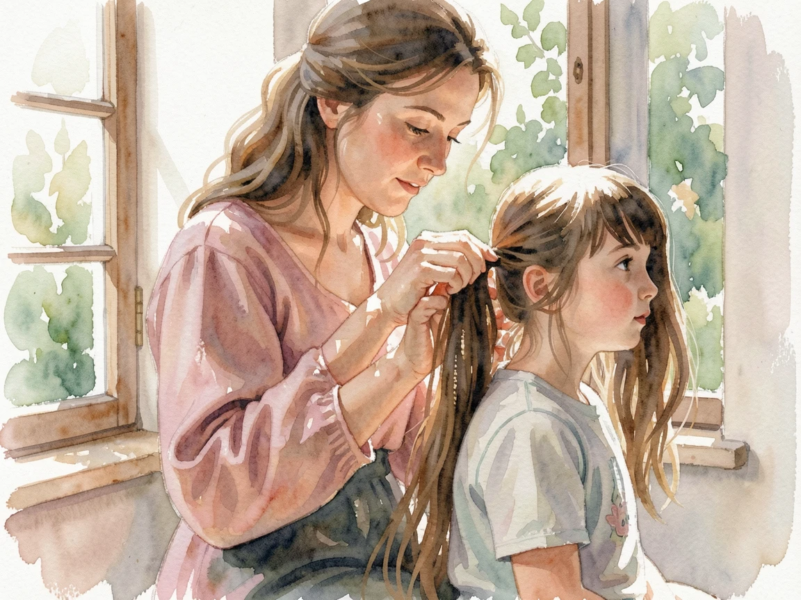 A mother braiding her daughter's hair by a sunny window in a moment of quiet togetherness.
