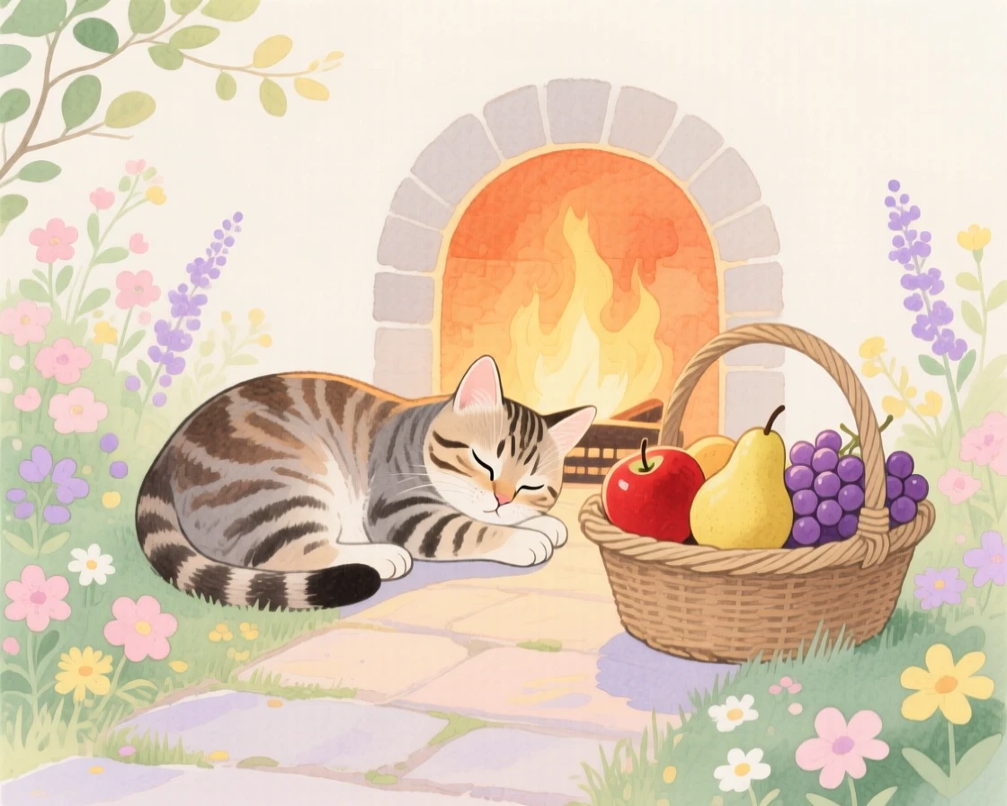 A tabby kitten dozes beside a warm hearth in a blooming garden path, beside a basket of ripe fruit