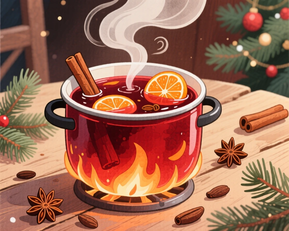A pot of mulled wine simmering with cinnamon sticks and orange slices, brimming with festive, mouthwatering delight.