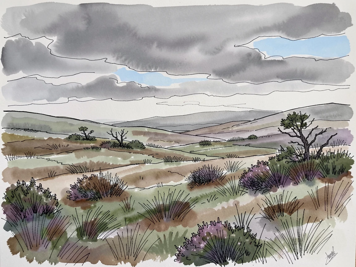 A misty highland moor stretching beneath a brooding grey sky, clouds drifting slowly across an otherwise clear sky.
