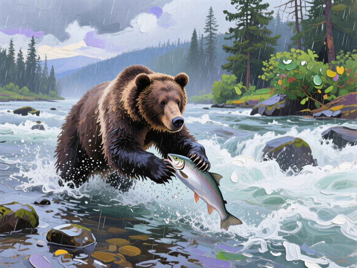 a bear catching salmon in a rushing river, during the first rain of the season, with a balanced, spacious view of the surroundings.
