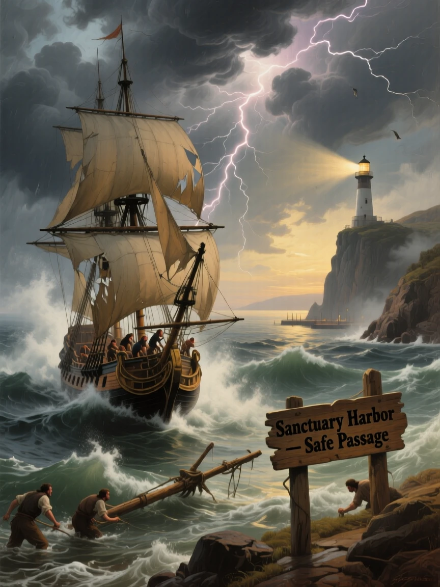 A storm-tossed ship struggles to reach a distant safe harbor.