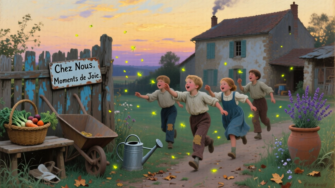 Children chasing fireflies together in the backyard at dusk, surrounded by the comfortable clutter of everyday domestic life, offering a heartwarming glimpse into ordinary, meaningful moments