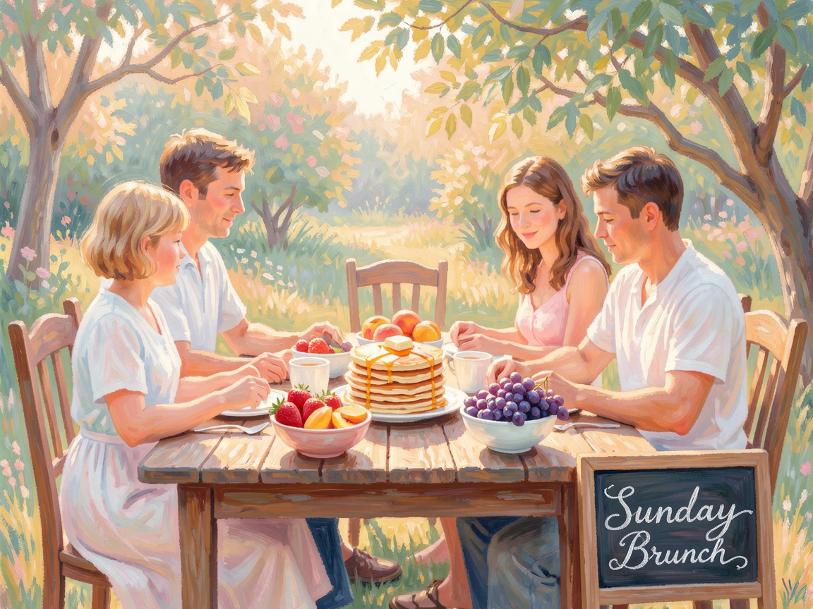 A quiet Sunday morning with a family gathered around a breakfast table filled with pancakes and fresh fruit.