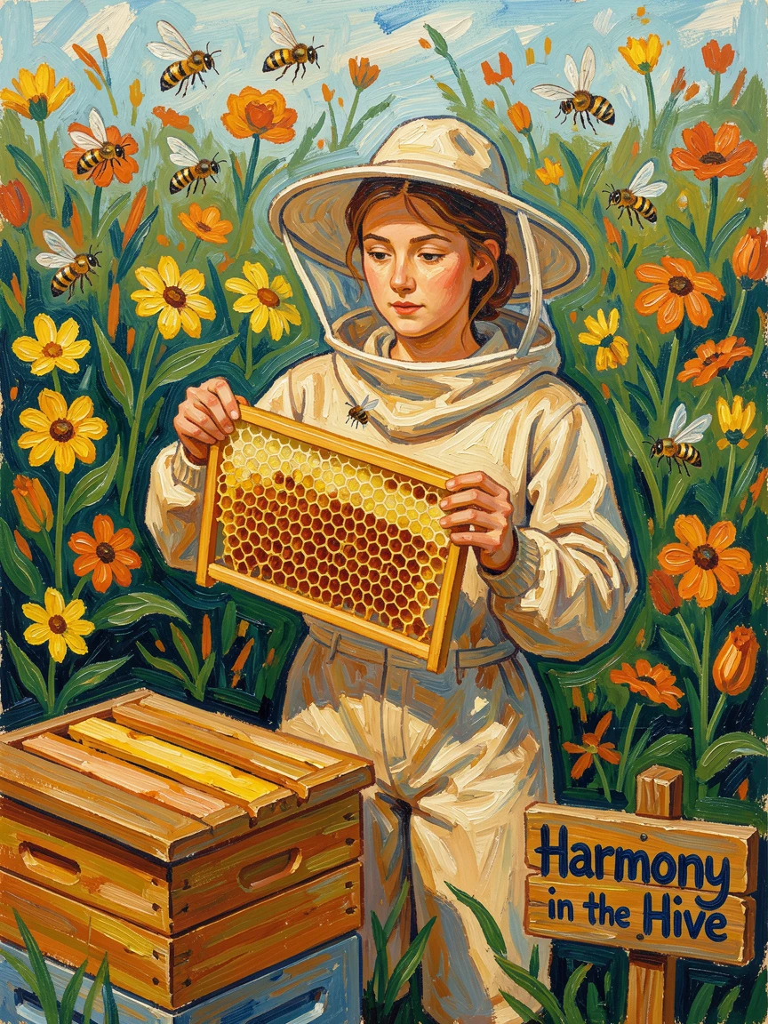 A young beekeeper carefully lifting a honeycomb frame, bees drifting calmly around her.