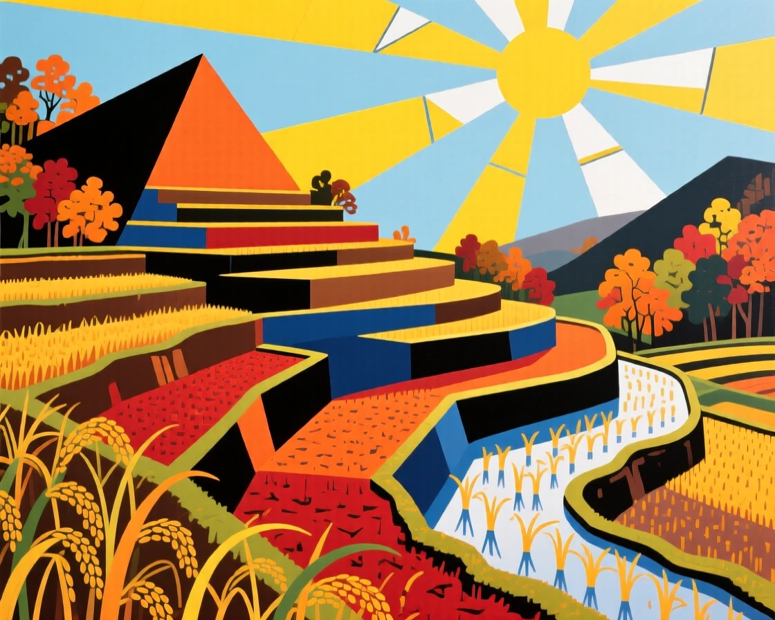 A candid medium shot of a terraced rice paddy under a blazing midday sun, during vibrant autumn.