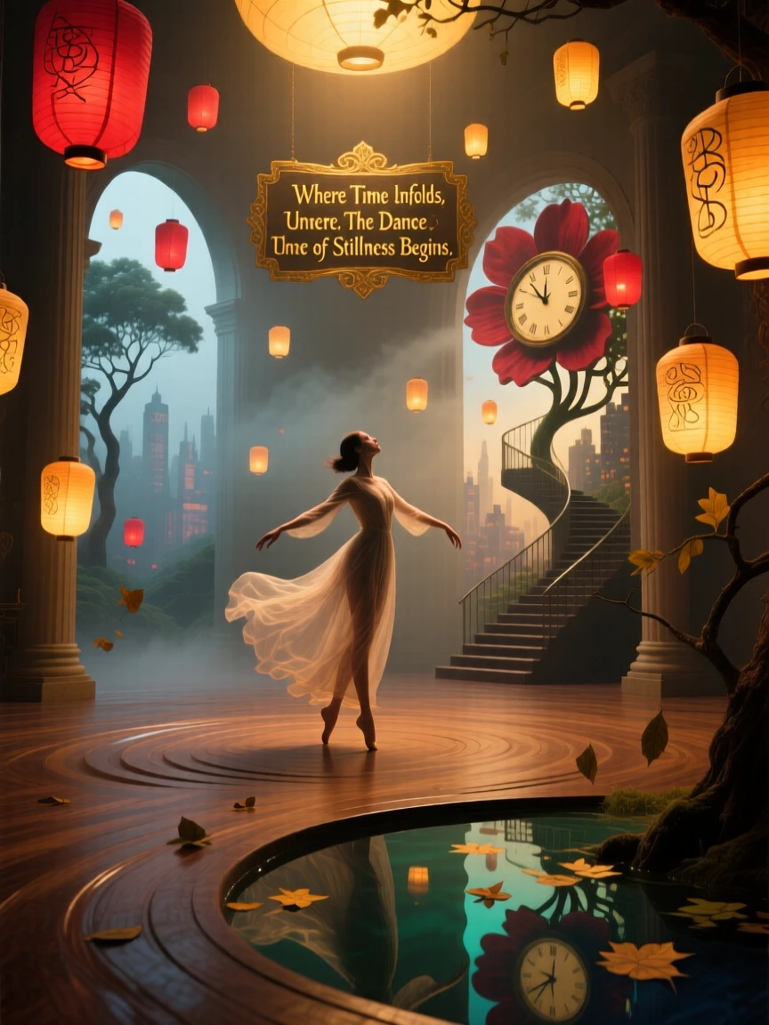 A dancer spinning slowly at the center of a room filled with floating lanterns moves gracefully through a scene bathed in soft golden light, as small details of the world quietly bend and shift nearby.