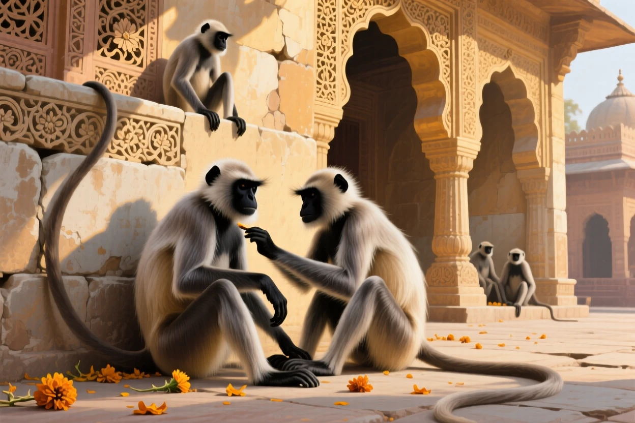 A troop of langur monkeys rests on the ancient stone walls of a temple in Rajasthan, one grooming another beneath ornately carved archways, the play of light across its form emphasizing the animal's natural grace and presence.
