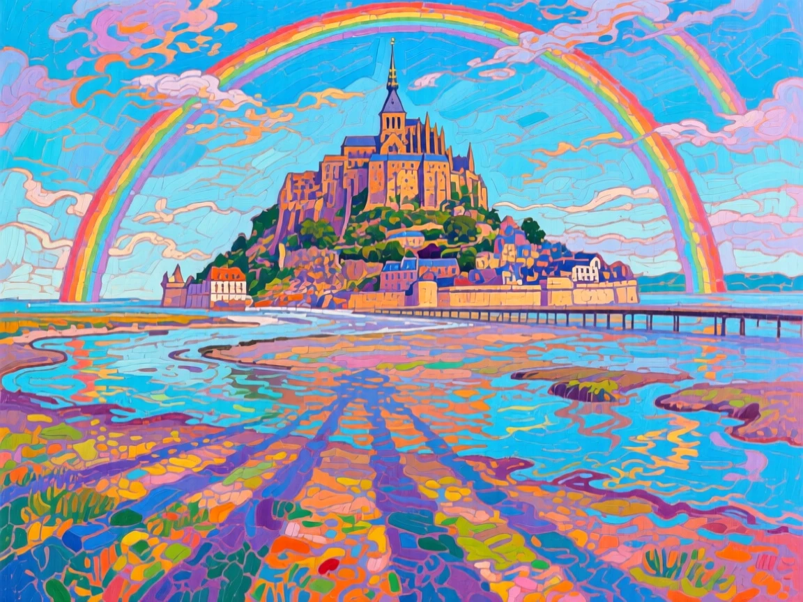 Mont Saint-Michel surrounded by rising tidal waters, under a rare double rainbow, long shadows stretching across the ground