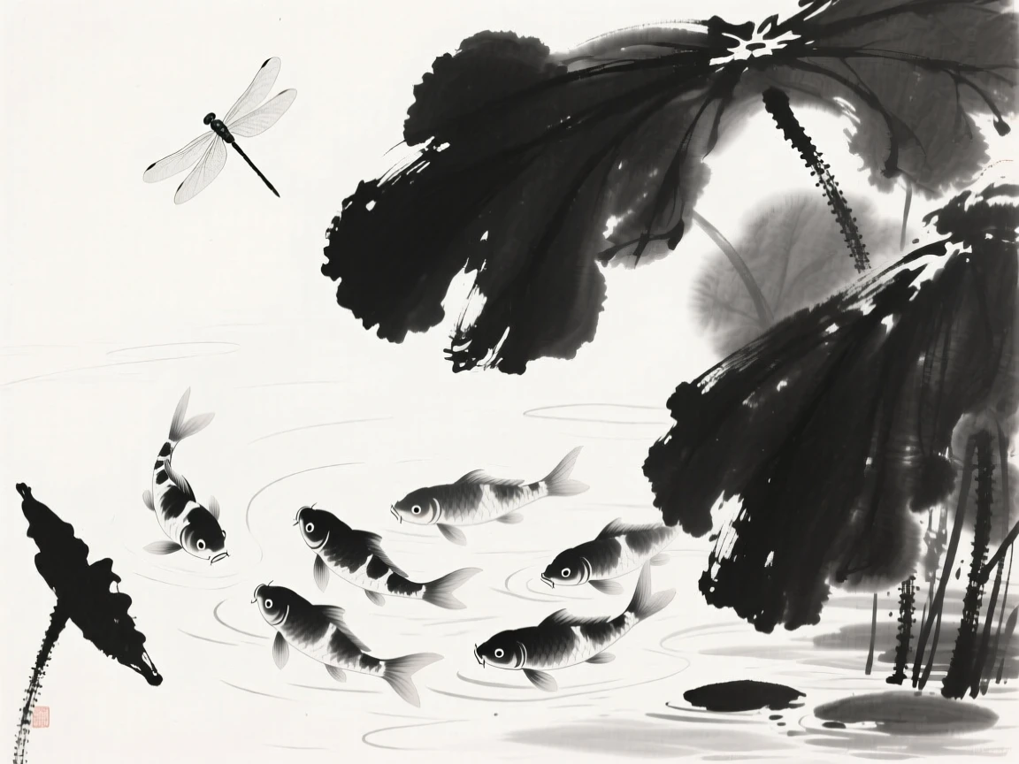 A school of koi swims beneath lotus leaves in a quiet pond, while dragonflies hover just above the water.