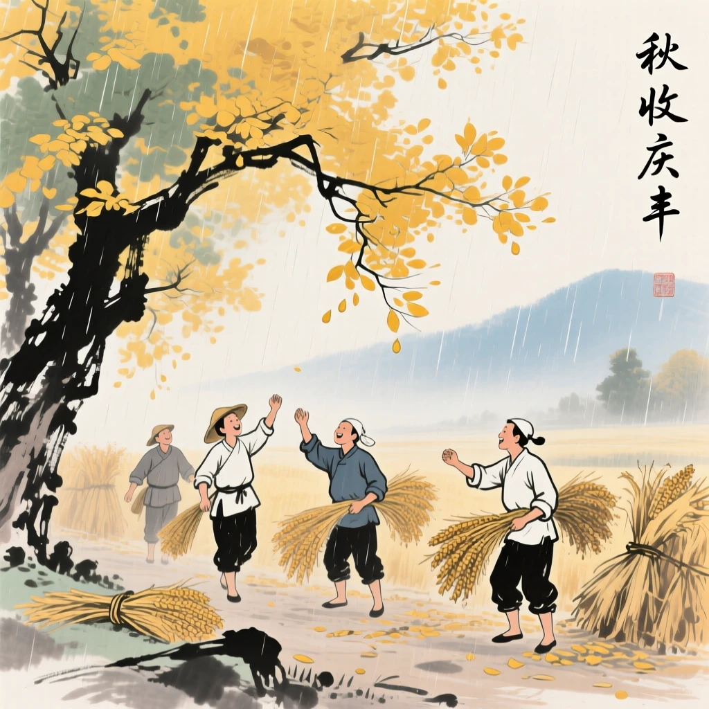 Farmers celebrating a bountiful harvest beneath golden autumn trees, as autumn leaves turn golden, through a curtain of fine rain.