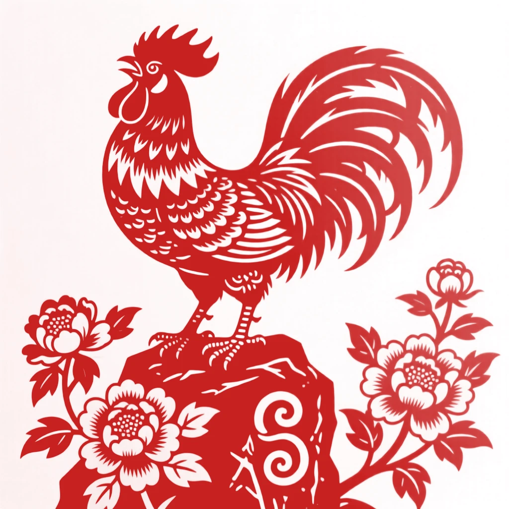 A rooster crowing atop a garden rock at dawn, feathers fanned out in brilliant display, peonies blooming nearby