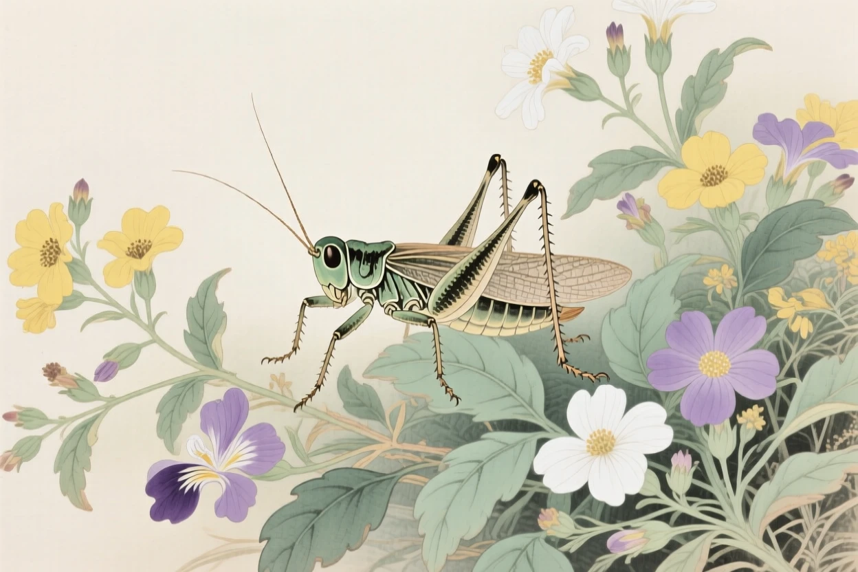 A small cricket among a cluster of wildflowers at midday