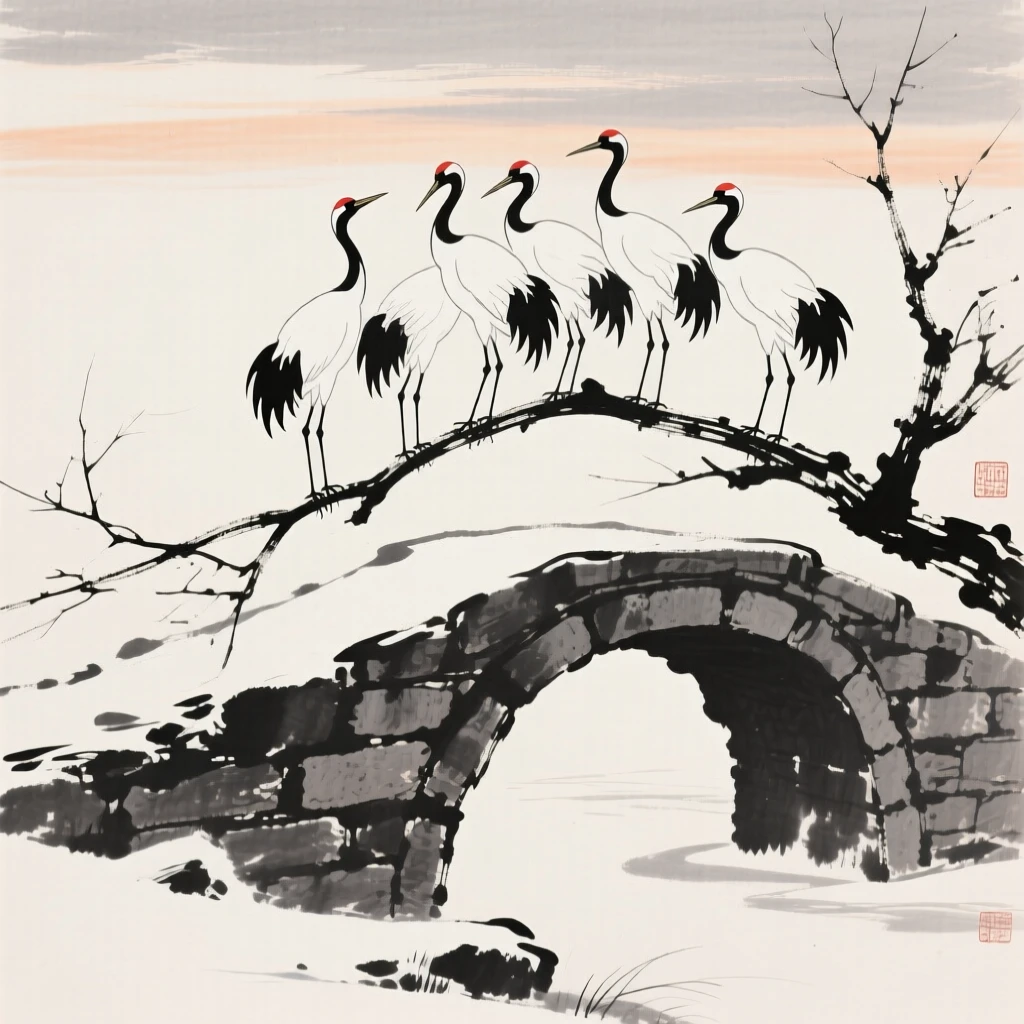 A flock of cranes perched on a bare winter branch near an old stone bridge, silhouetted softly against the fading light, carrying a quiet, poetic stillness.