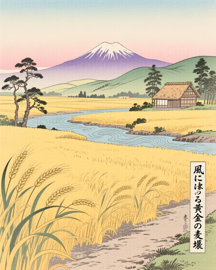 A golden wheat field swaying in the wind under a soft pastel sky.
