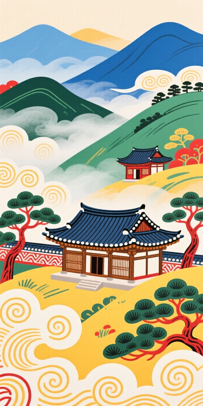 A hillside monastery wrapped in mist nestled among distant mountains.
