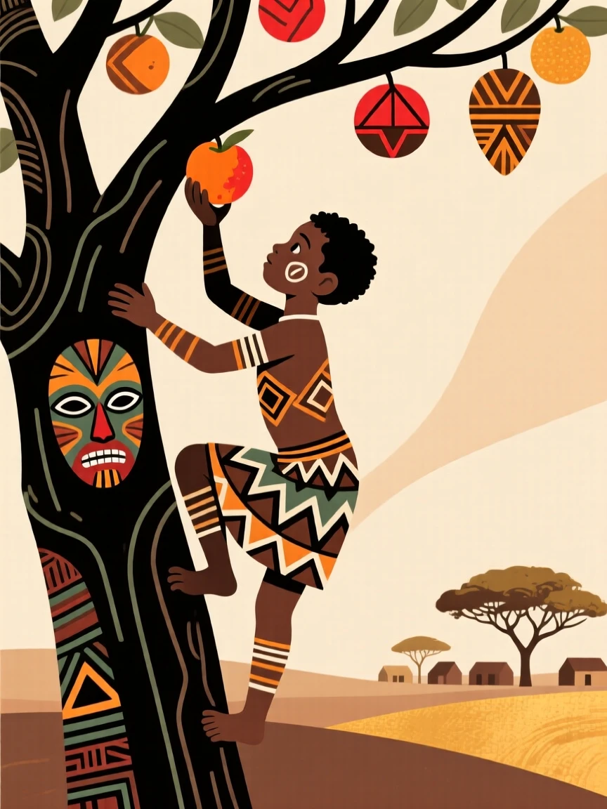 A boy climbing a tree to pick fruit.