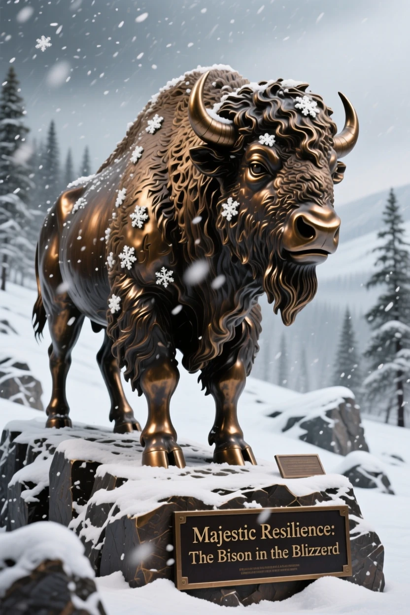 A majestic bison standing in a snowstorm, set against a breathtaking natural backdrop, evoking wonder and majesty