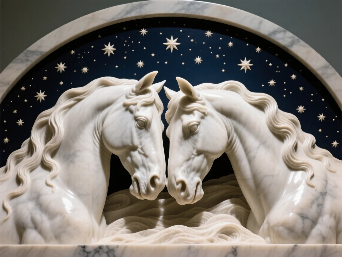 A striking close-up of a pair of nuzzling horses, full of life and grace, beneath a sky full of stars