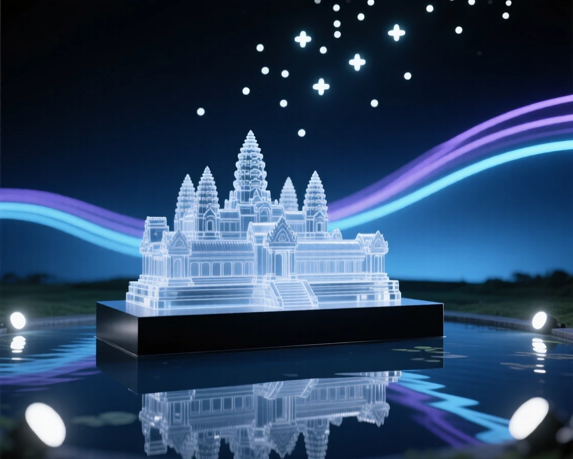 Angkor Wat reflected in a still pond under a starry night sky, long soft light trails in the distance, composition emphasizing scale and grandeur.